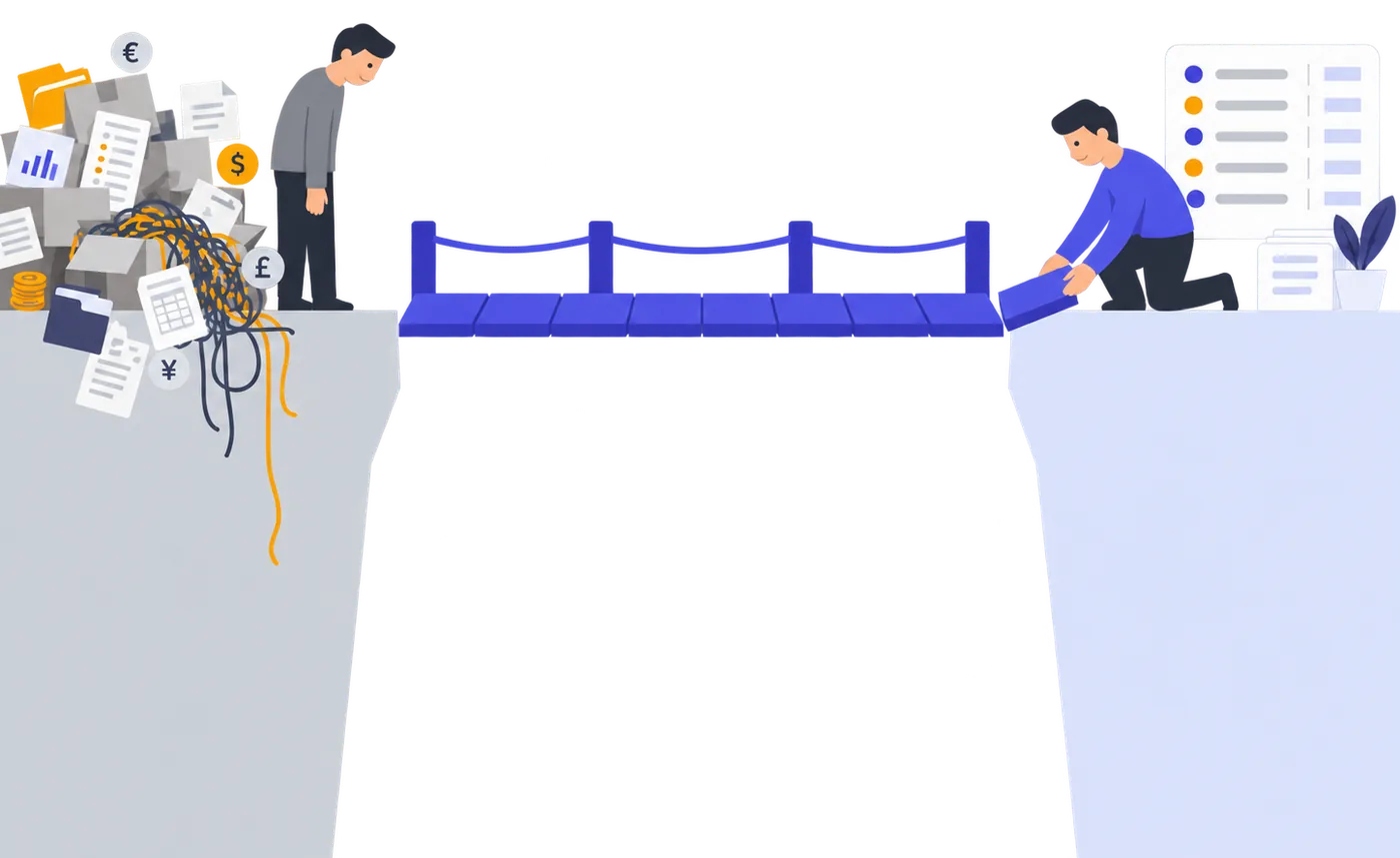 Two cliffs. On the left, someone stands beside a heap of old boxes, papers and tangled threads spilling over the edge. A bridge spans the gap, and on the right someone kneels to set its last plank, beside a tidy ledger.